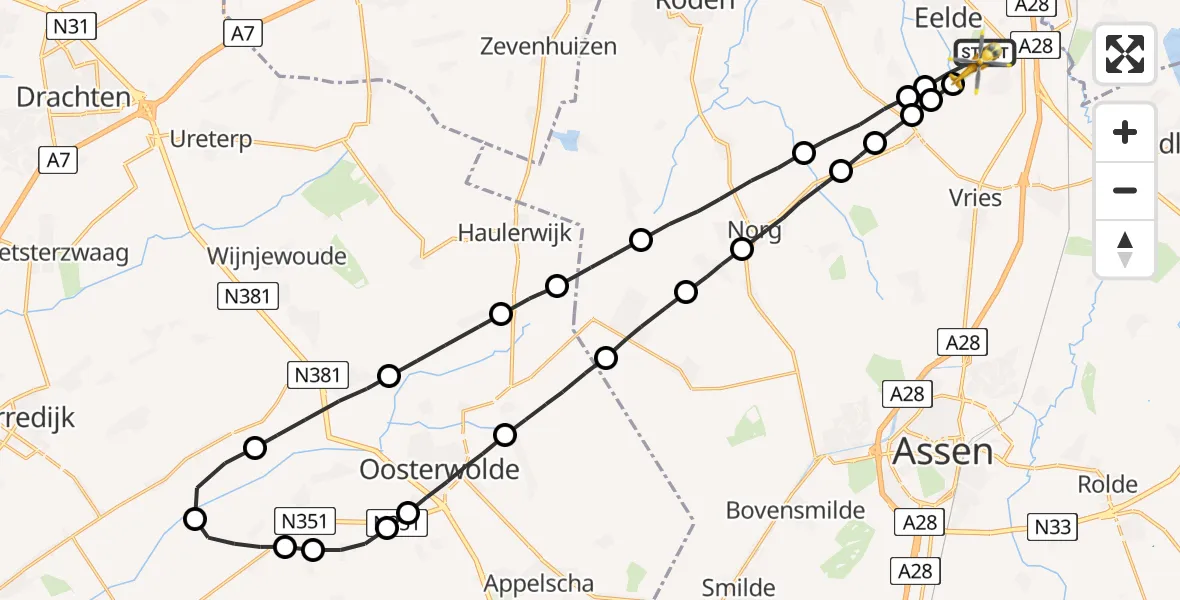 Vluchtroute Traumahelikopter Groningen Airport Eelde - Groningen Airport Eelde, 07 mei 2022, 22:51