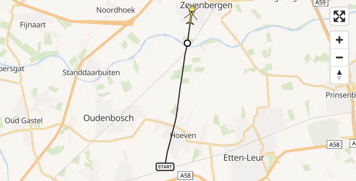 Routekaart van de vlucht: Politiehelikopter naar Zevenbergen