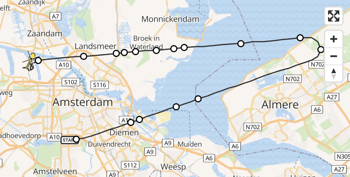 Routekaart van de vlucht: Lifeliner 1 naar Amsterdam Heliport