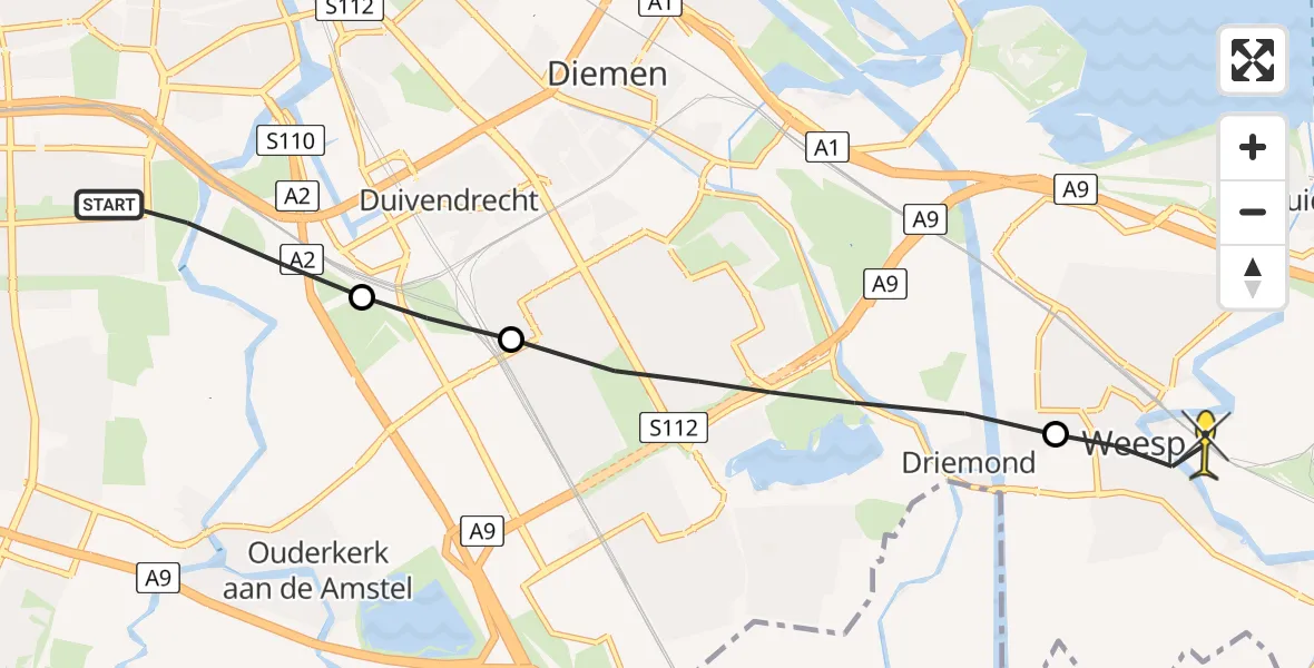 Routekaart van de vlucht: Lifeliner 1 naar Weesp