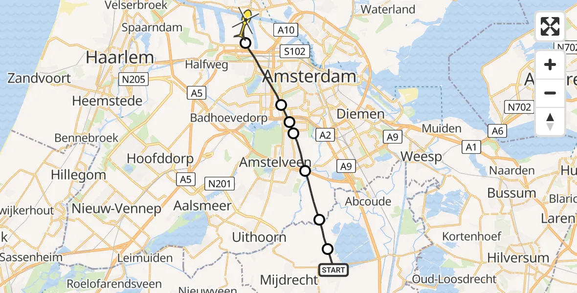 Routekaart van de vlucht: Lifeliner 1 naar Amsterdam Heliport