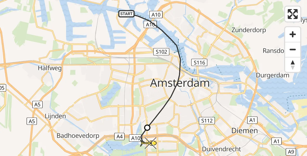 Routekaart van de vlucht: Lifeliner 1 naar VU Medisch Centrum Amsterdam