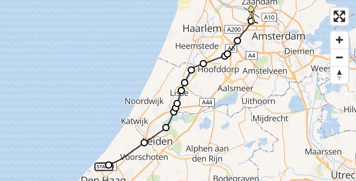 Routekaart van de vlucht: Lifeliner 1 naar Amsterdam Heliport