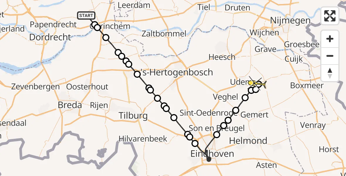 Routekaart van de vlucht: Politiehelikopter naar Vliegbasis Volkel