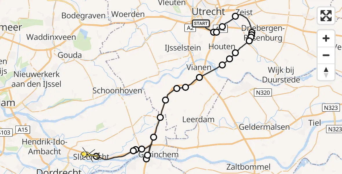 Routekaart van de vlucht: Politiehelikopter naar Sliedrecht