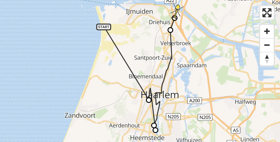 Routekaart van de vlucht: Politieheli naar Velsen-Zuid