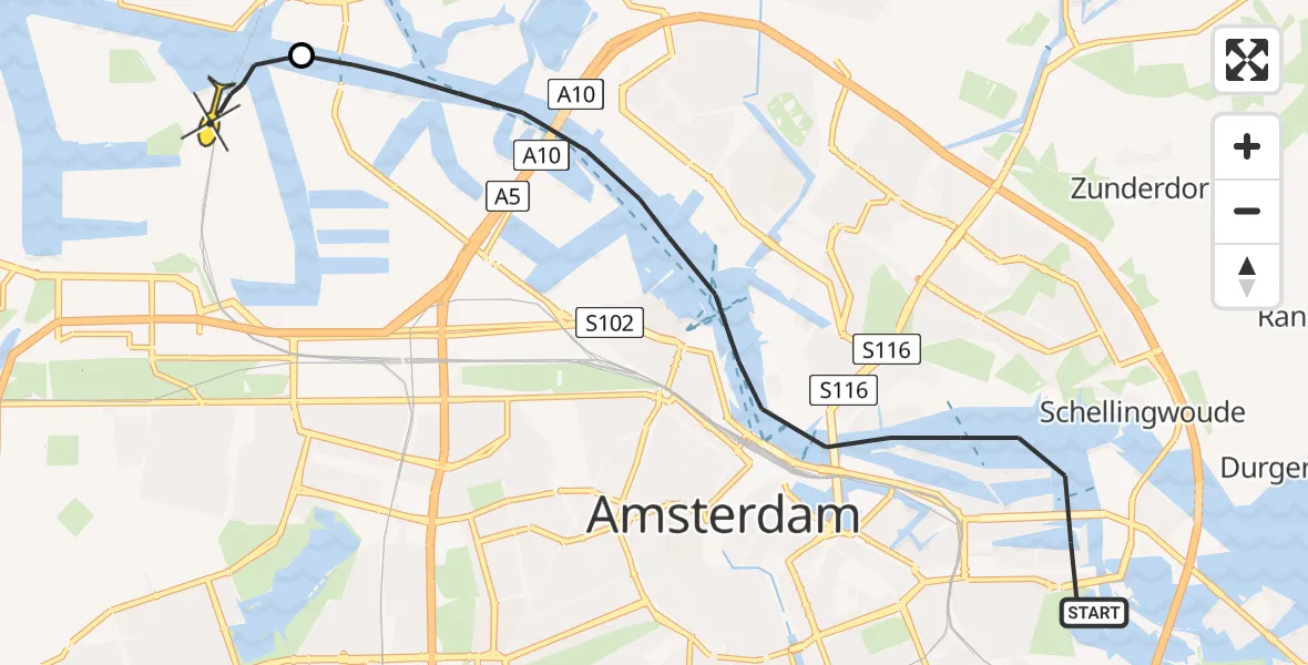 Routekaart van de vlucht: Lifeliner 1 naar Amsterdam Heliport