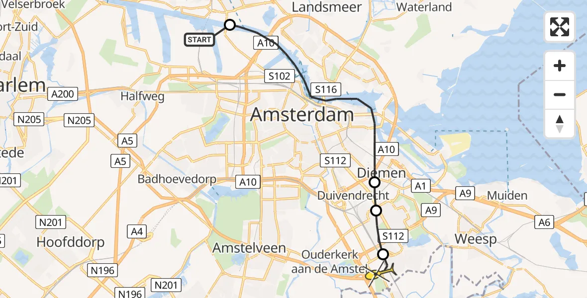 Routekaart van de vlucht: Lifeliner 1 naar Academisch Medisch Centrum (AMC)