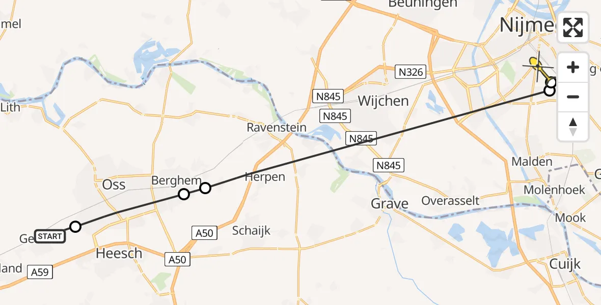 Routekaart van de vlucht: Lifeliner 3 naar Radboud Universitair Medisch Centrum