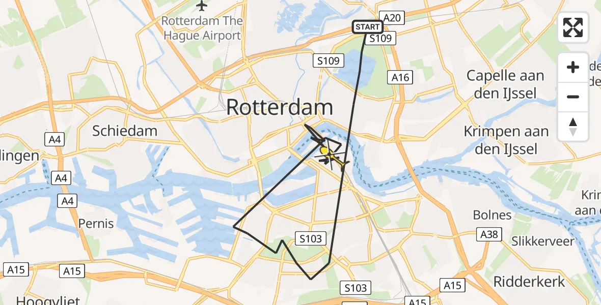 Vluchtroute Politiehelikopter van Rotterdam naar Rotterdam
