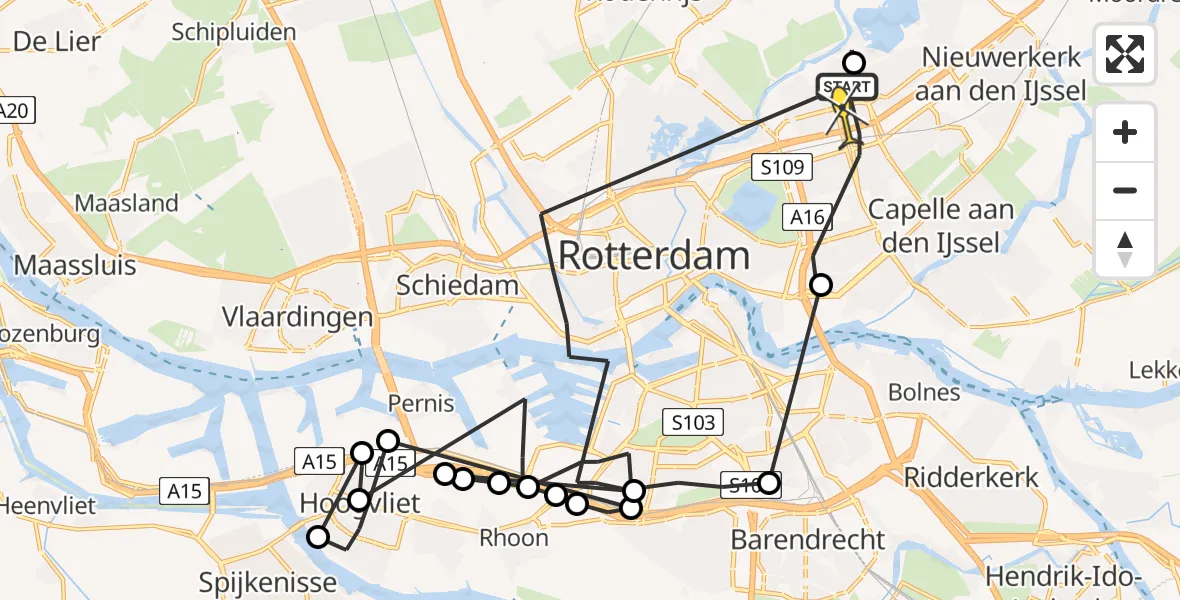 Vluchtroute Politiehelikopter van Rotterdam naar Rotterdam