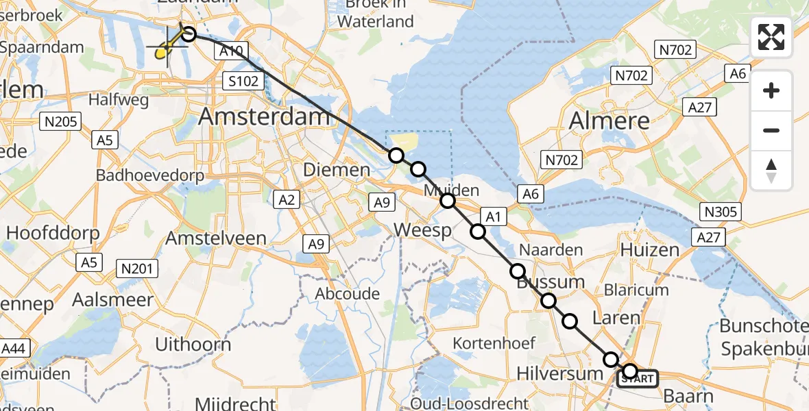 Routekaart van de vlucht: Lifeliner 1 naar Amsterdam Heliport