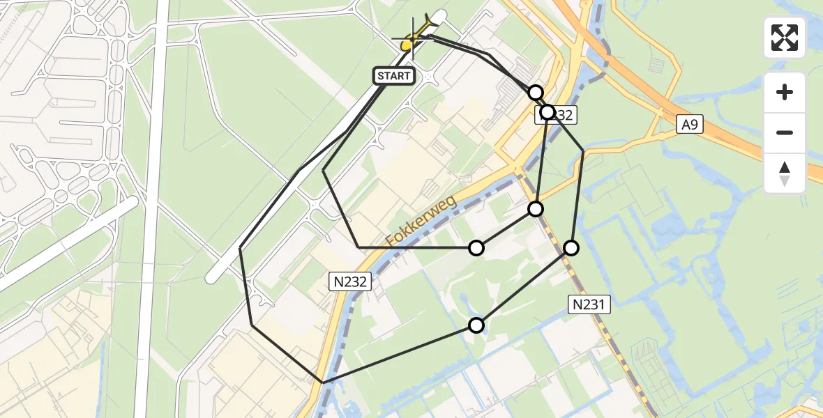 Routekaart van de vlucht: Politieheli naar Schiphol