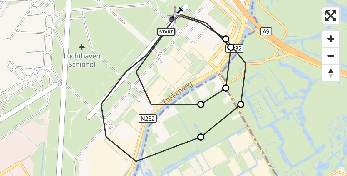 Vluchtroute Politiehelikopter van Schiphol naar Schiphol
