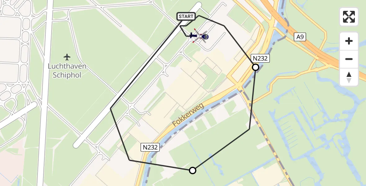 Vluchtroute Politiehelikopter van Schiphol naar Schiphol