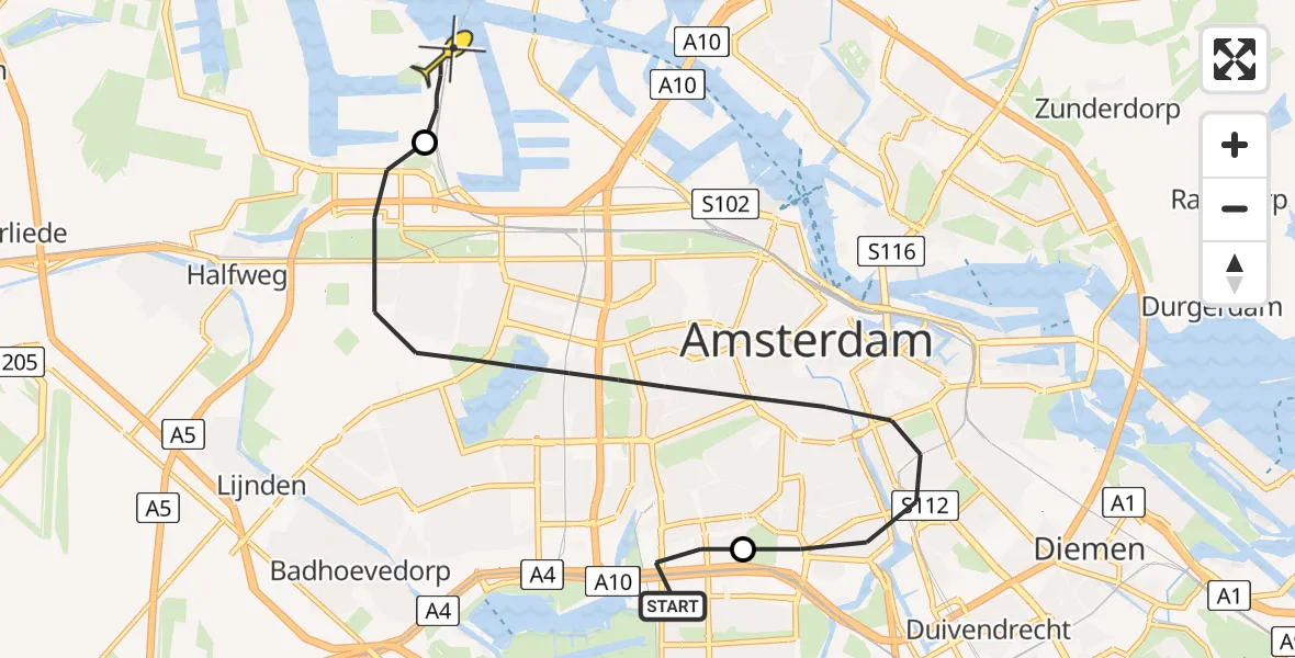 Routekaart van de vlucht: Lifeliner 1 naar Amsterdam Heliport