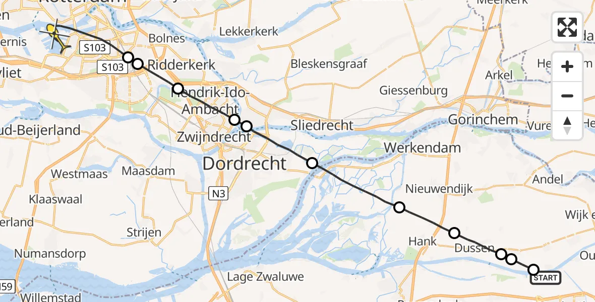 Routekaart van de vlucht: Politieheli naar Rotterdam