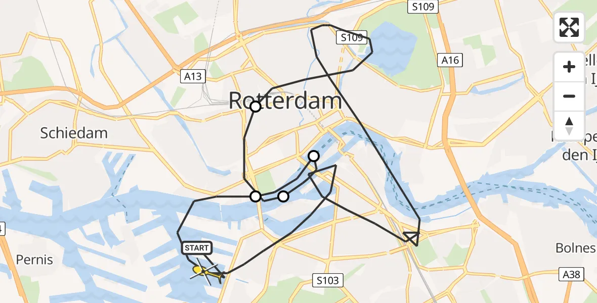 Routekaart van de vlucht: Politieheli naar Rotterdam