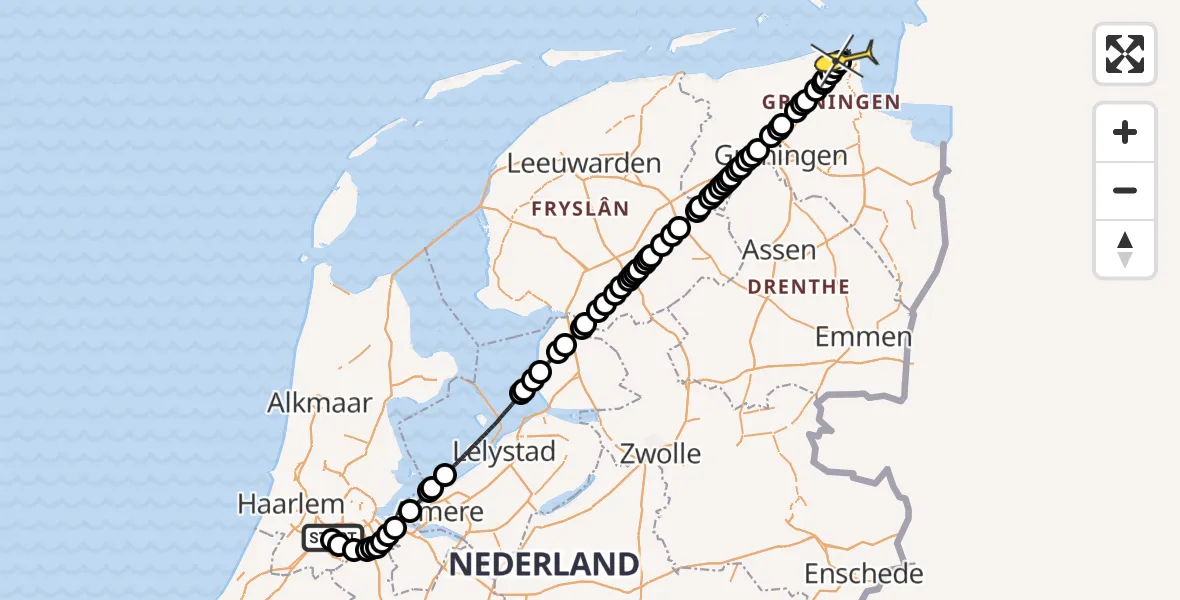 Routekaart van de vlucht: Politieheli naar Eemshaven
