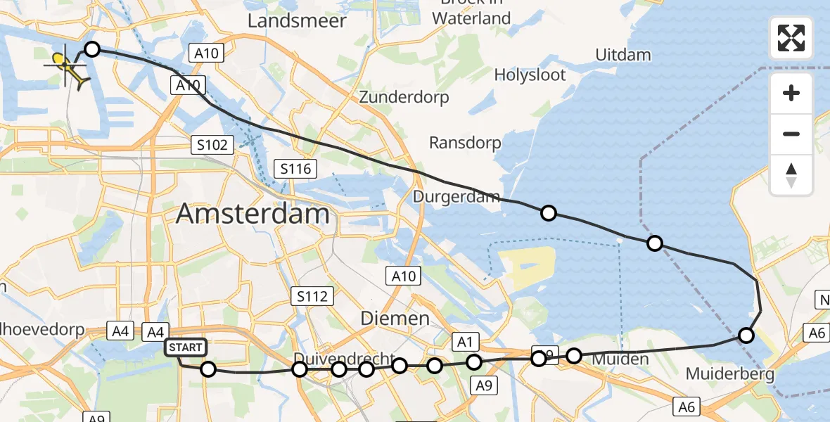 Routekaart van de vlucht: Lifeliner 1 naar Amsterdam Heliport