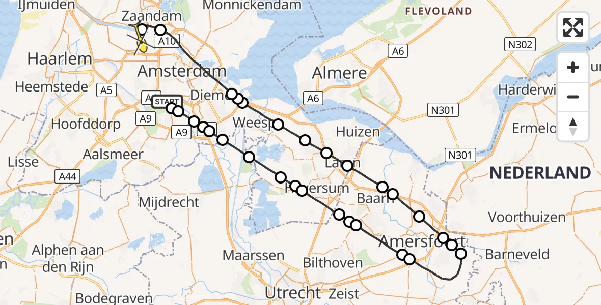 Routekaart van de vlucht: Lifeliner 1 naar Amsterdam Heliport