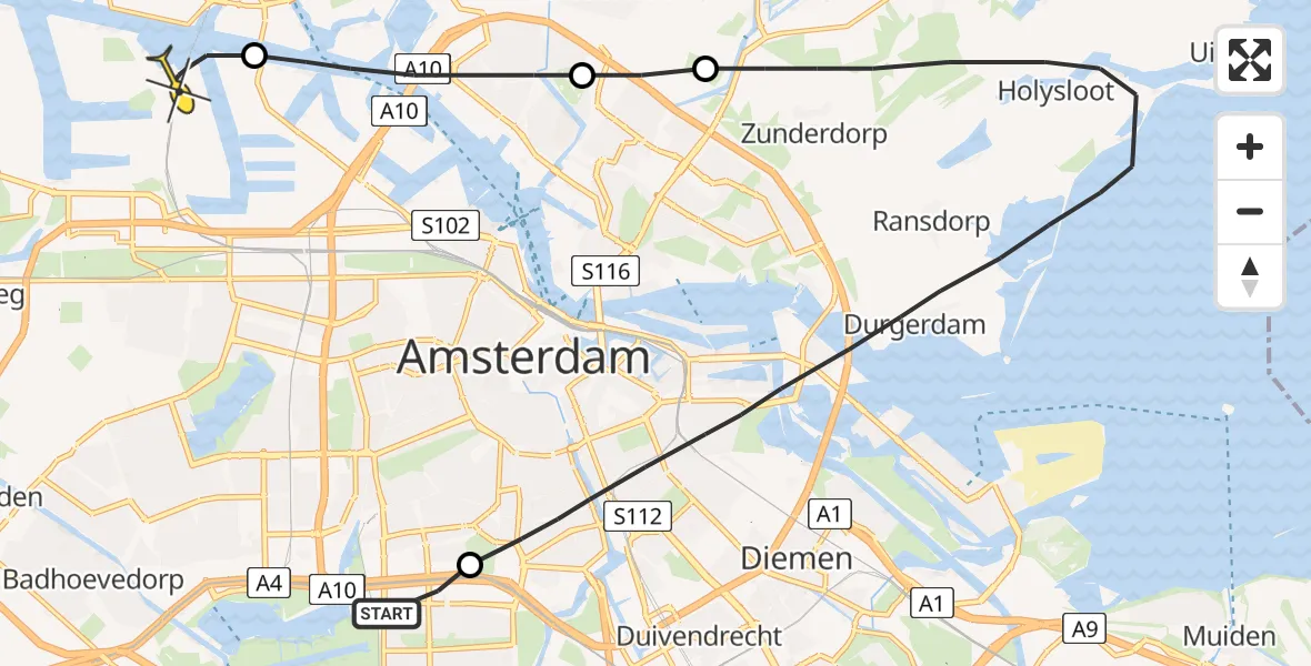 Routekaart van de vlucht: Lifeliner 1 naar Amsterdam Heliport