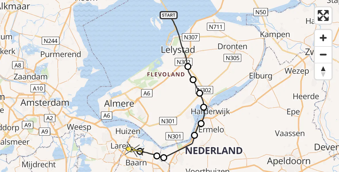 Routekaart van de vlucht: Politiehelikopter naar Eemnes