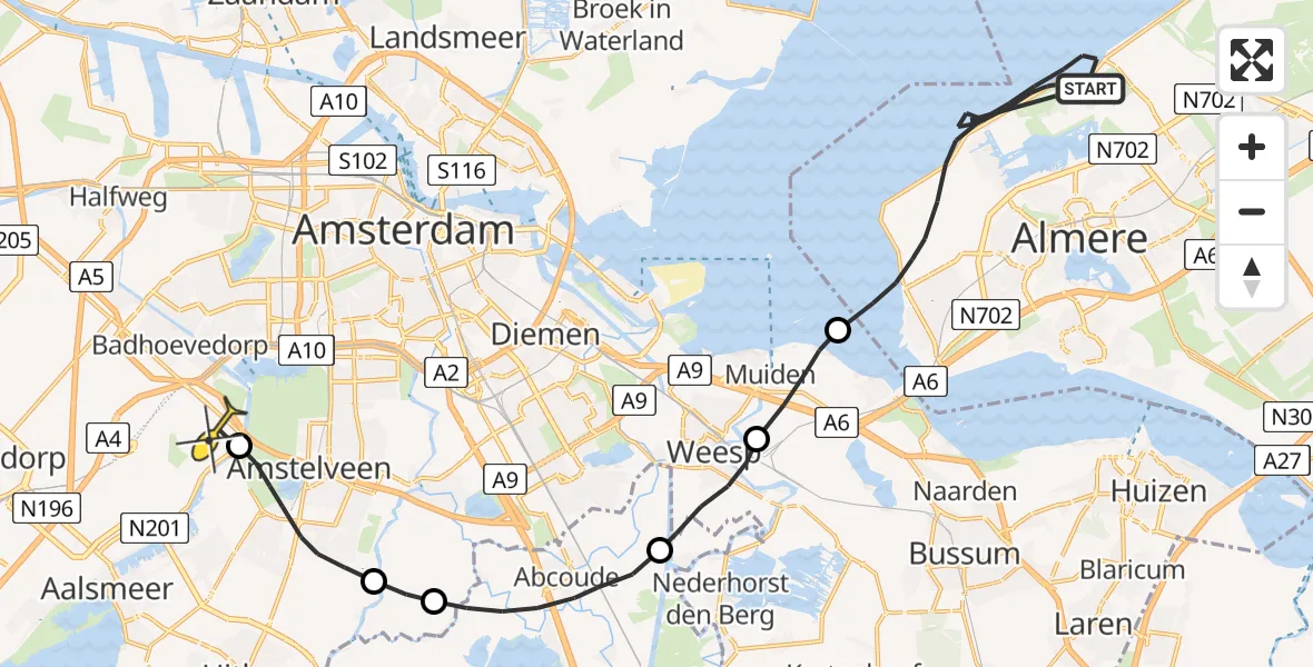 Routekaart van de vlucht: Politieheli naar Schiphol