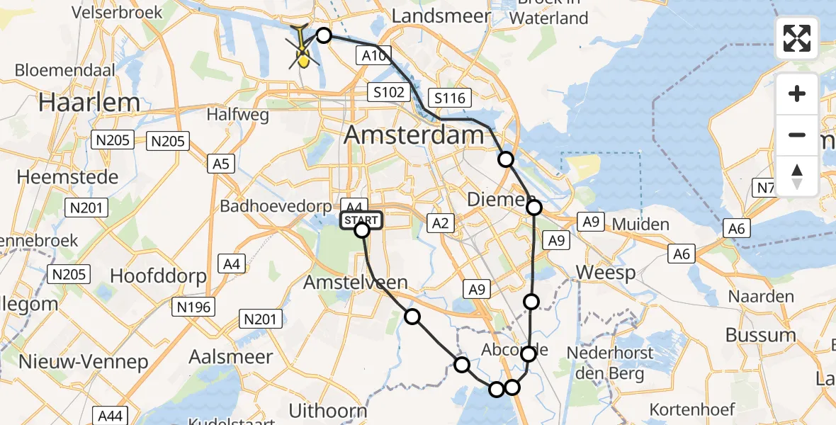 Routekaart van de vlucht: Lifeliner 1 naar Amsterdam Heliport