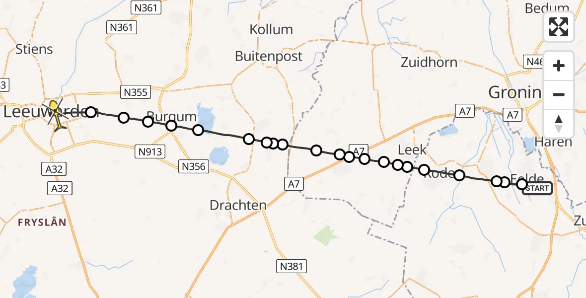 Routekaart van de vlucht: Lifeliner 4 naar Leeuwarden