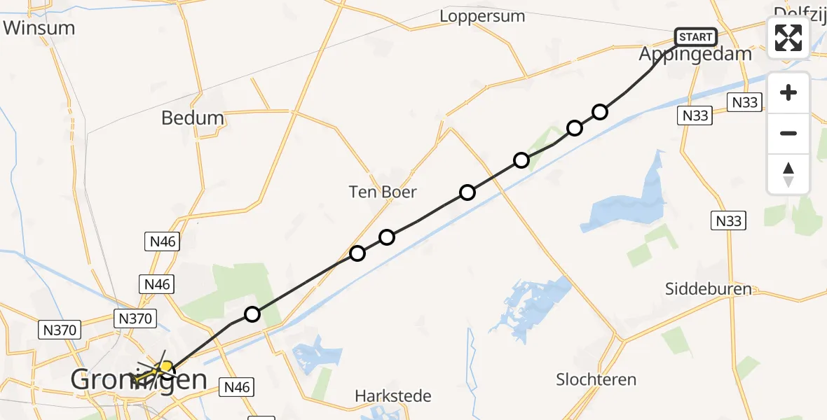 Routekaart van de vlucht: Lifeliner 4 naar Universitair Medisch Centrum Groningen