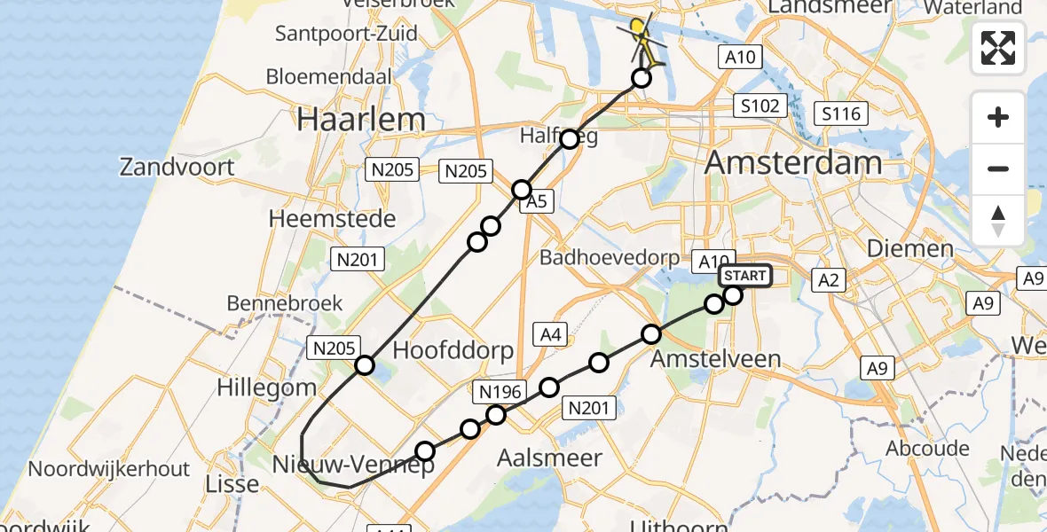 Routekaart van de vlucht: Lifeliner 1 naar Amsterdam Heliport