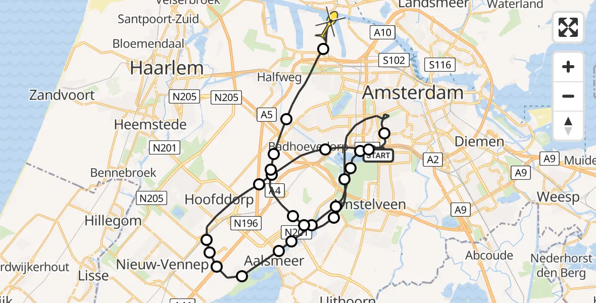 Routekaart van de vlucht: Lifeliner 1 naar Amsterdam Heliport