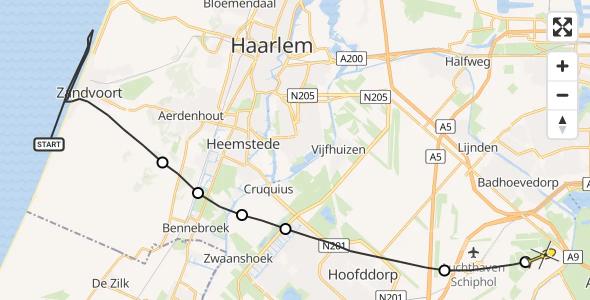 Routekaart van de vlucht: Politieheli naar Schiphol