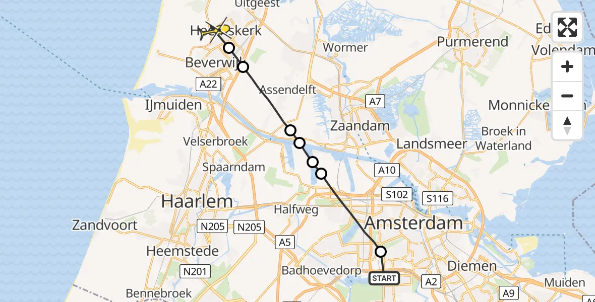 Routekaart van de vlucht: Lifeliner 1 naar Heemskerk