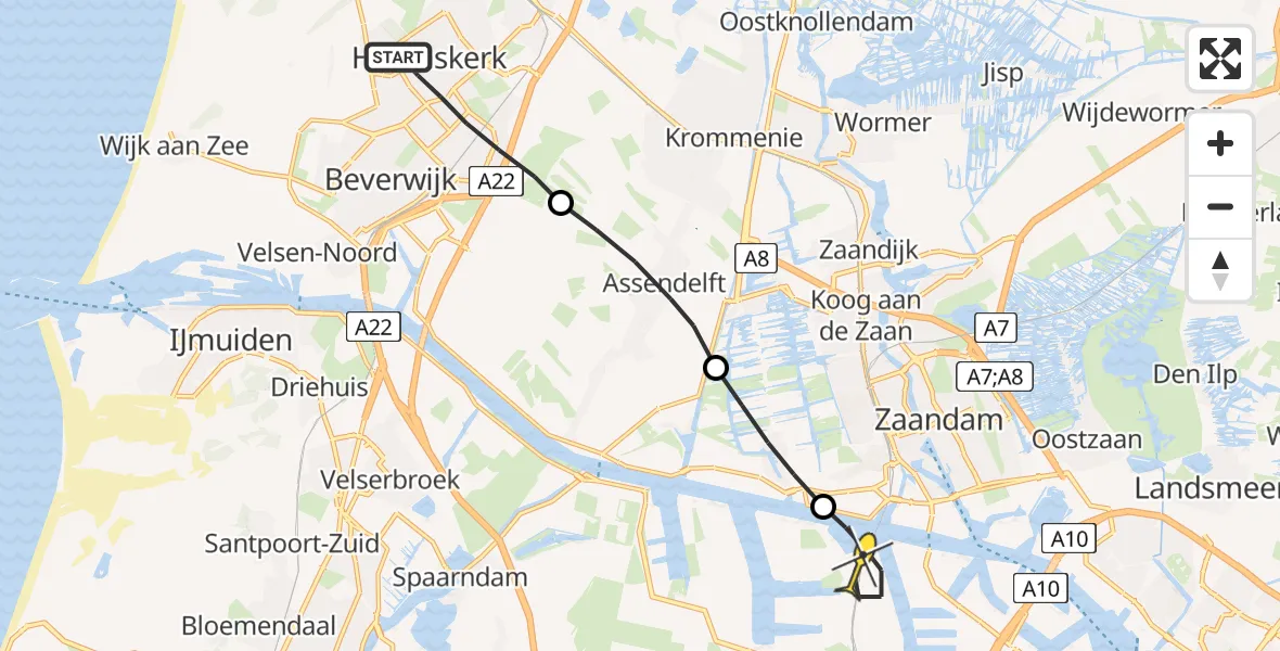 Routekaart van de vlucht: Lifeliner 1 naar Amsterdam Heliport