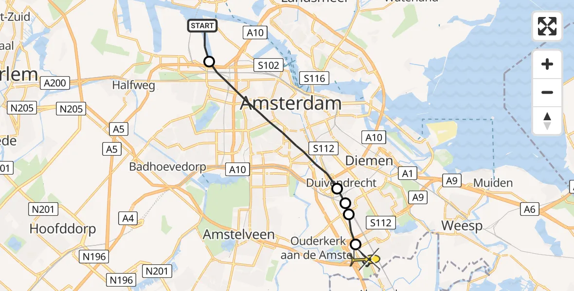 Routekaart van de vlucht: Lifeliner 1 naar Academisch Medisch Centrum (AMC)