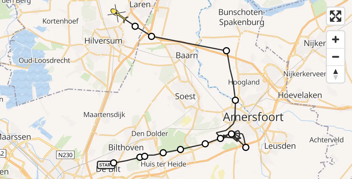 Routekaart van de vlucht: Politieheli naar Laren