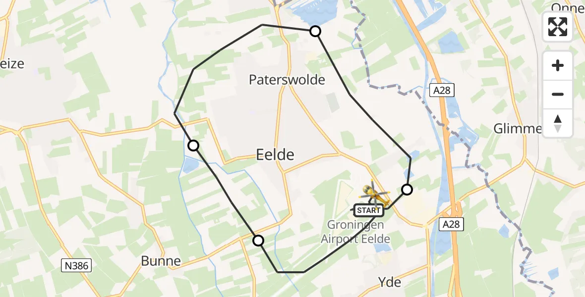 Vluchtroute Traumahelikopter Groningen Airport Eelde - Groningen Airport Eelde, 16 mei 2022, 05:01
