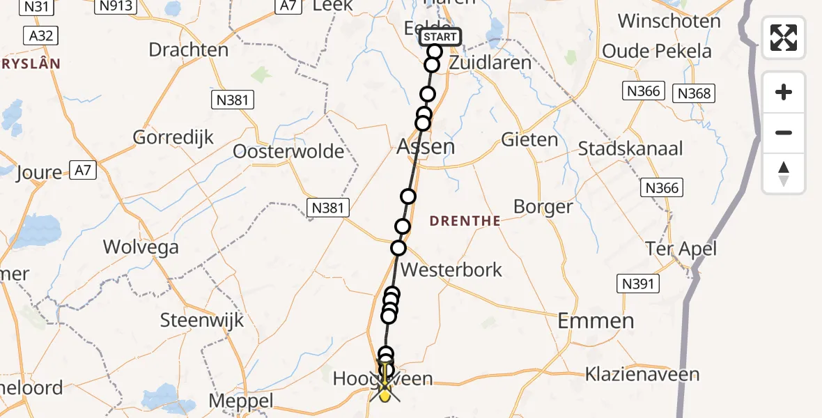 Routekaart van de vlucht: Lifeliner 4 naar Hoogeveen