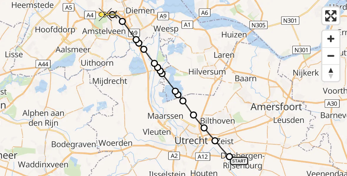 Routekaart van de vlucht: Lifeliner 1 naar VU Medisch Centrum Amsterdam