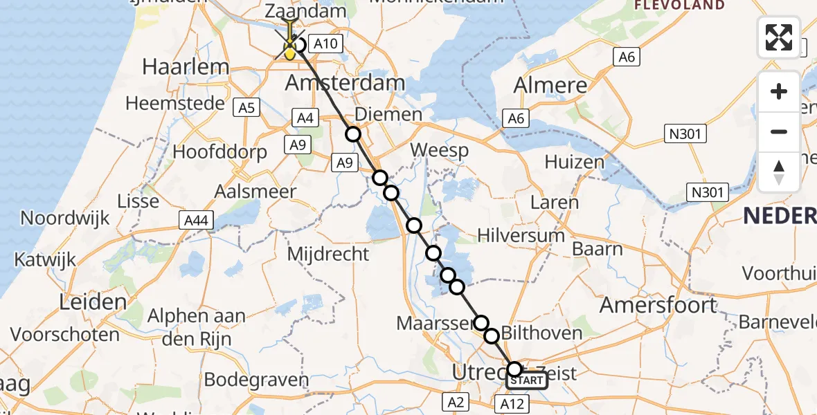 Routekaart van de vlucht: Lifeliner 1 naar Amsterdam Heliport