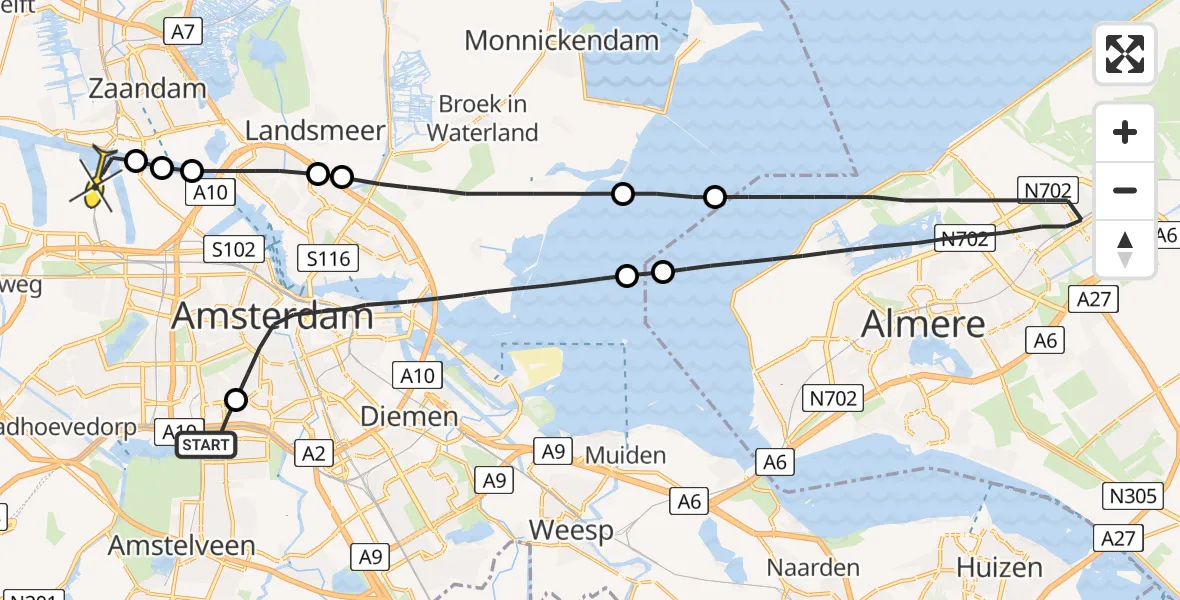 Routekaart van de vlucht: Lifeliner 1 naar Amsterdam Heliport