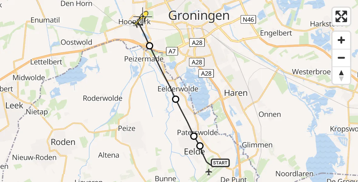 Routekaart van de vlucht: Lifeliner 4 naar Groningen