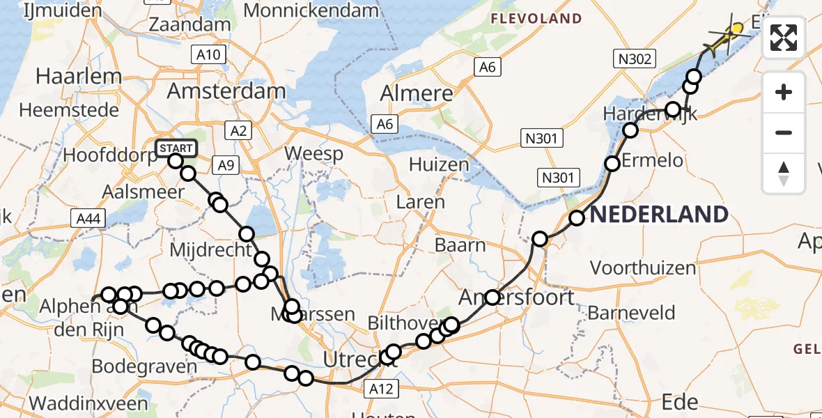 Routekaart van de vlucht: Politieheli naar Biddinghuizen