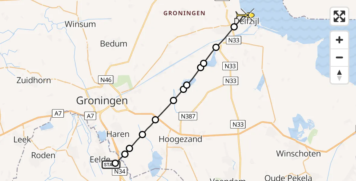 Routekaart van de vlucht: Lifeliner 4 naar Delfzijl