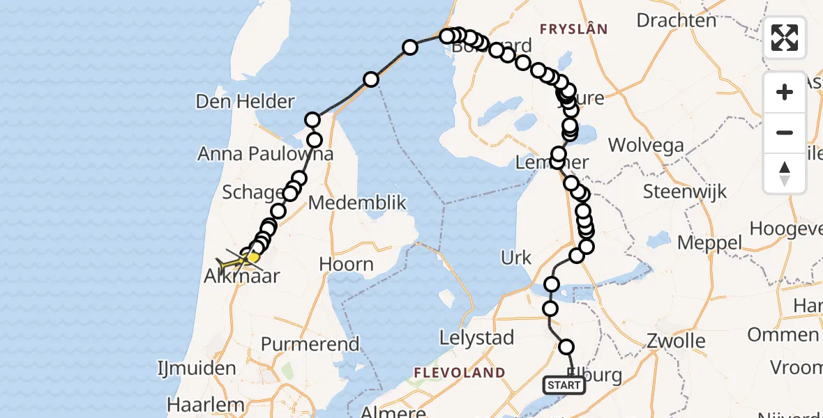 Routekaart van de vlucht: Politieheli naar Alkmaar