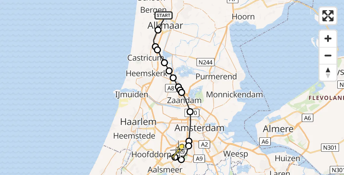 Routekaart van de vlucht: Politieheli naar Schiphol