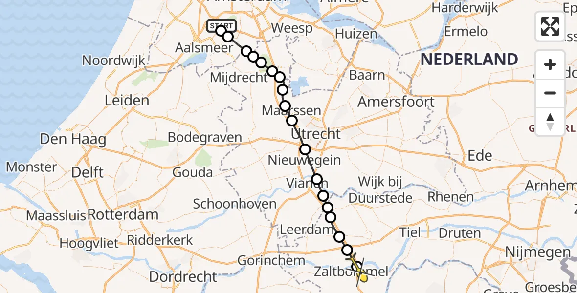 Routekaart van de vlucht: Politiehelikopter naar Zaltbommel