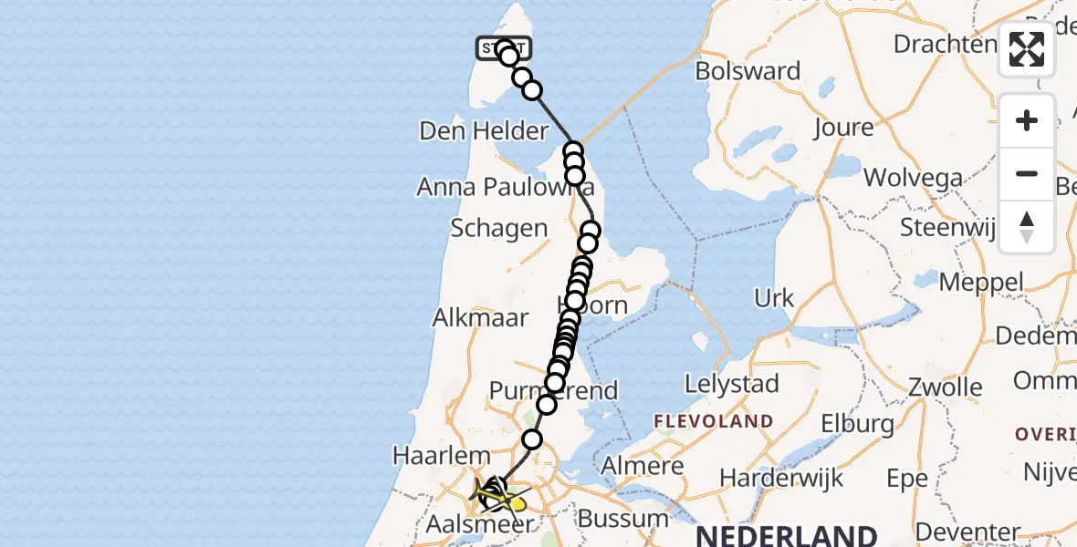 Routekaart van de vlucht: Politieheli naar Schiphol